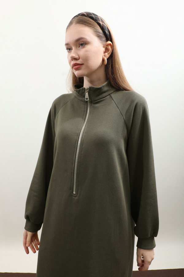 Yarım Fermuarlı Sweat Elbise Haki - 5