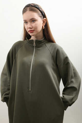 Yarım Fermuarlı Sweat Elbise Haki - 6