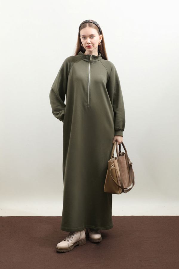 Yarım Fermuarlı Sweat Elbise Haki - 2