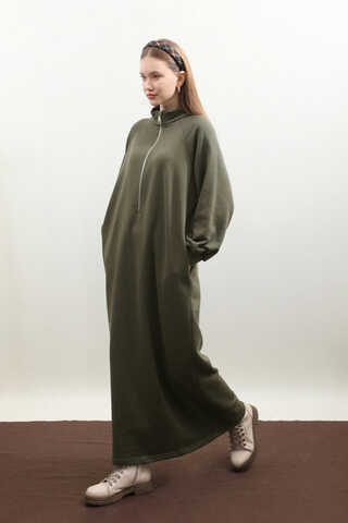 Yarım Fermuarlı Sweat Elbise Haki - 1