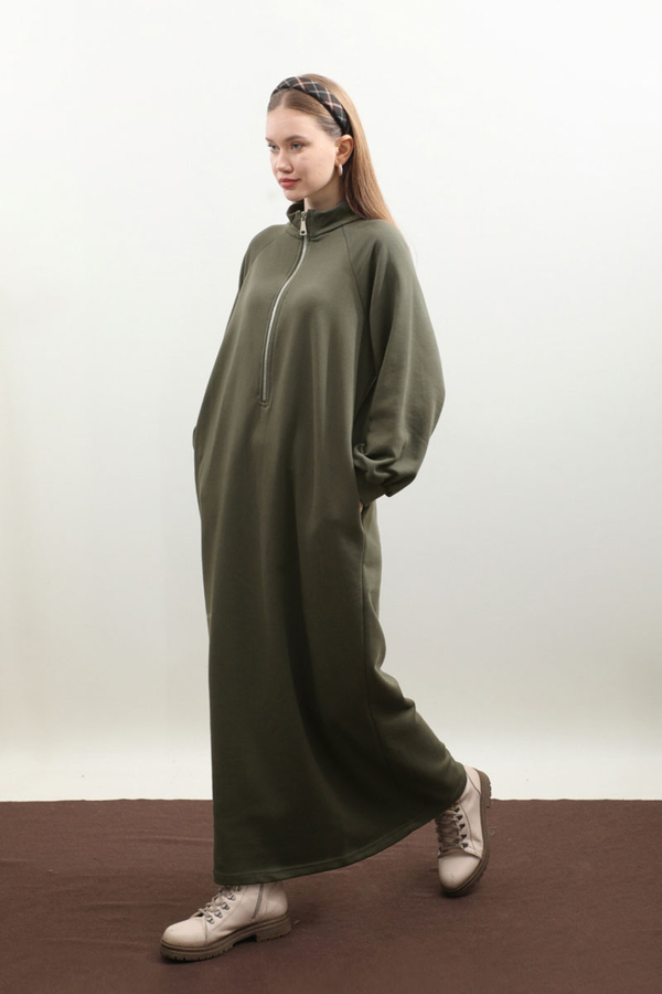 Yarım Fermuarlı Sweat Elbise Haki - 1