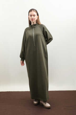 Yarım Fermuarlı Sweat Elbise Haki - 3