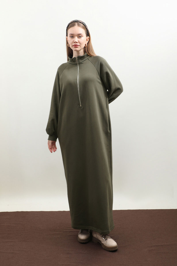 Yarım Fermuarlı Sweat Elbise Haki - 3