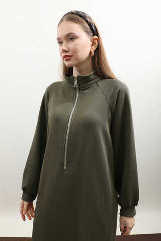 Yarım Fermuarlı Sweat Elbise Haki - 5