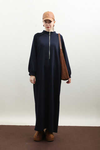 Yarım Fermuarlı Sweat Elbise Lacivert - 1