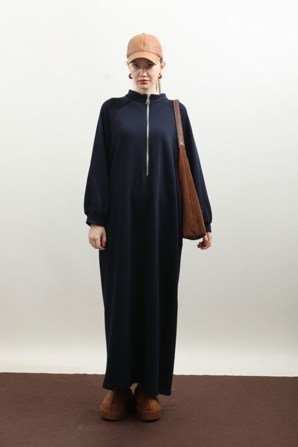 Yarım Fermuarlı Sweat Elbise Lacivert - 1