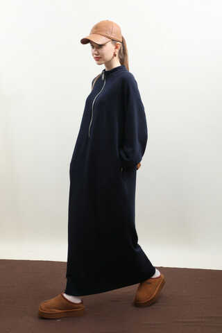 Yarım Fermuarlı Sweat Elbise Lacivert - 2