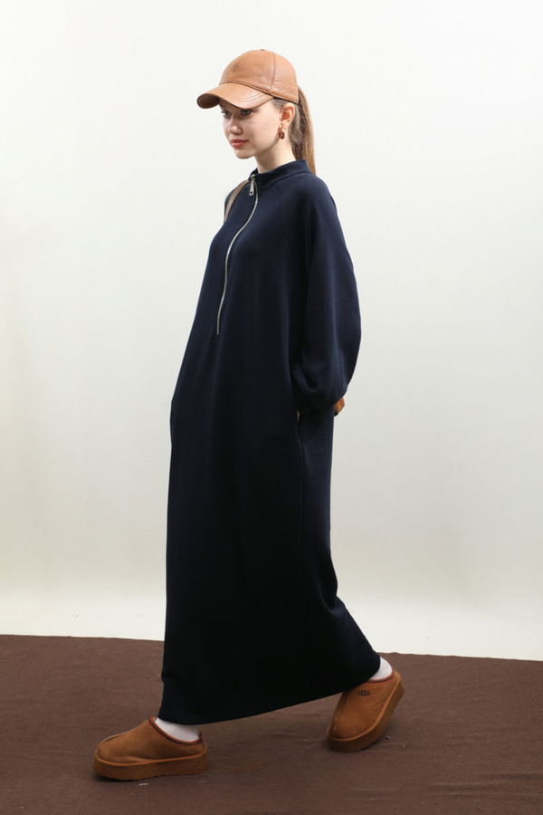 Yarım Fermuarlı Sweat Elbise Lacivert - 2