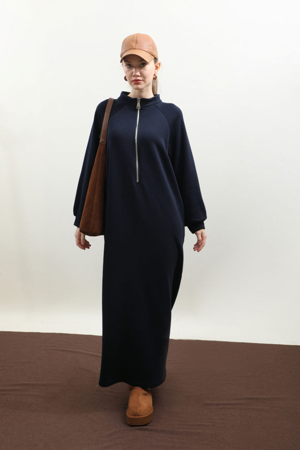 Yarım Fermuarlı Sweat Elbise Lacivert - 3