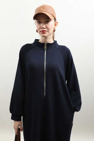 Yarım Fermuarlı Sweat Elbise Lacivert - 5