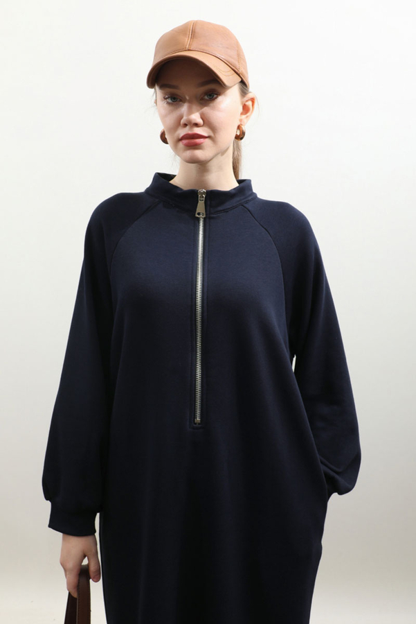 Yarım Fermuarlı Sweat Elbise Lacivert - 5