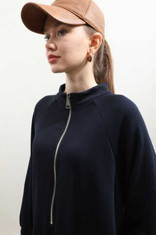 Yarım Fermuarlı Sweat Elbise Lacivert - 6