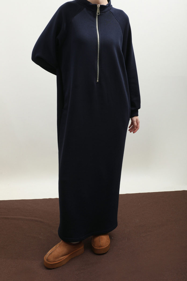 Yarım Fermuarlı Sweat Elbise Lacivert - 4