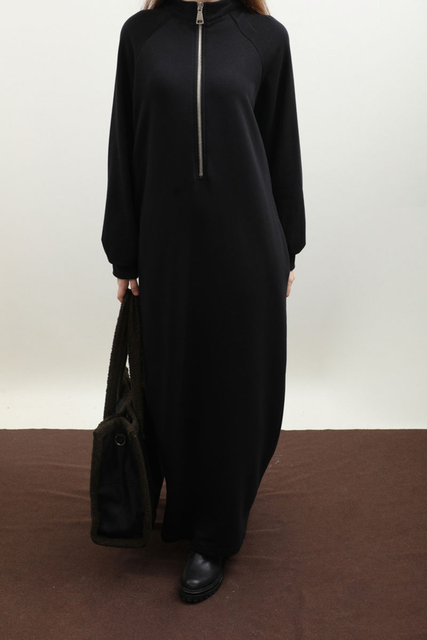 Yarım Fermuarlı Sweat Elbise Siyah - 1
