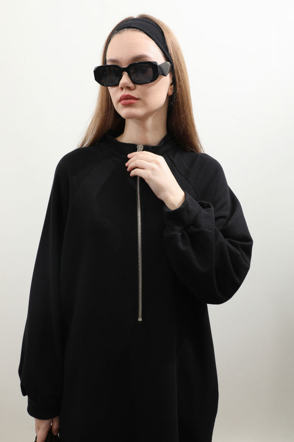 Yarım Fermuarlı Sweat Elbise Siyah - 4