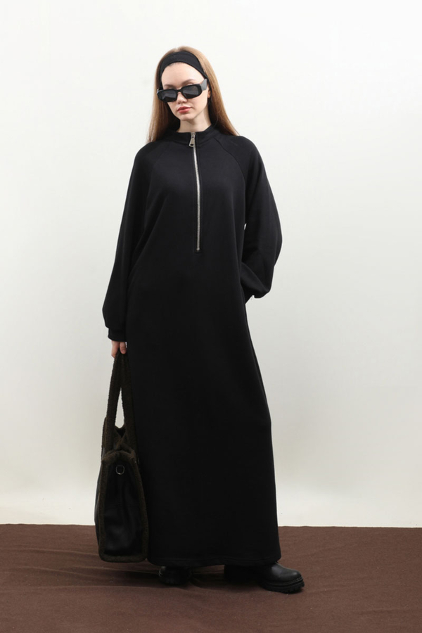 Yarım Fermuarlı Sweat Elbise Siyah - 2