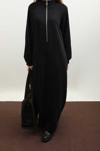 Yarım Fermuarlı Sweat Elbise Siyah - 1