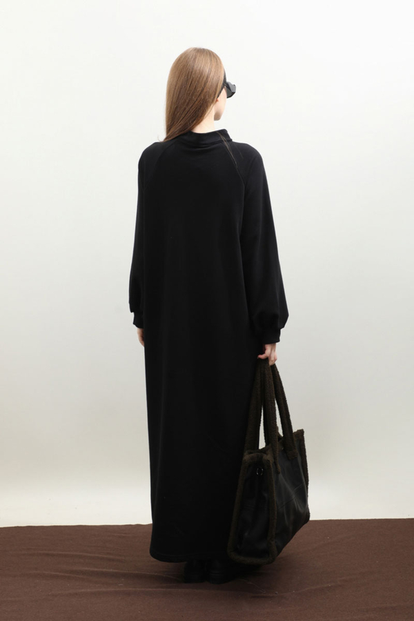 Yarım Fermuarlı Sweat Elbise Siyah - 6