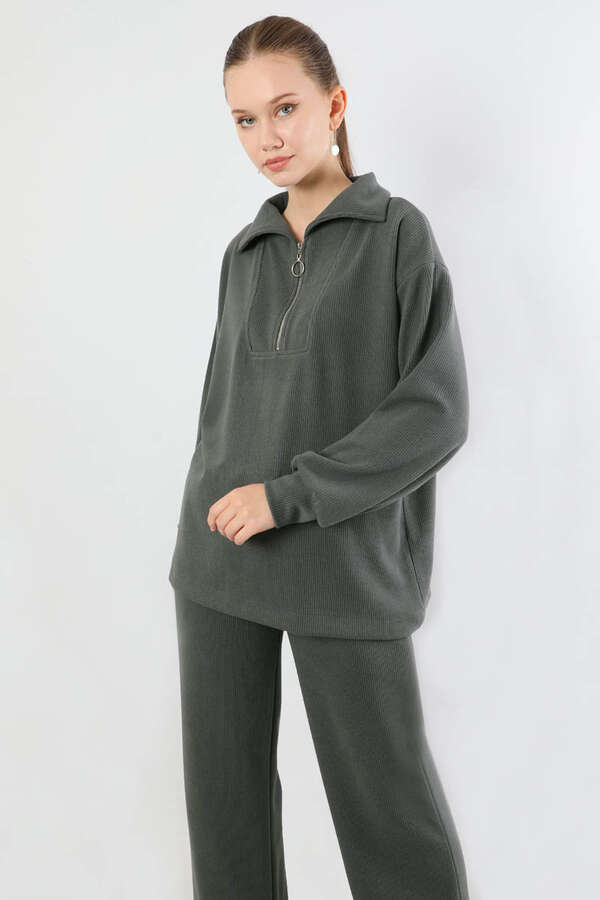 Yarım Fermuarlı Triko Takım Füme - 2