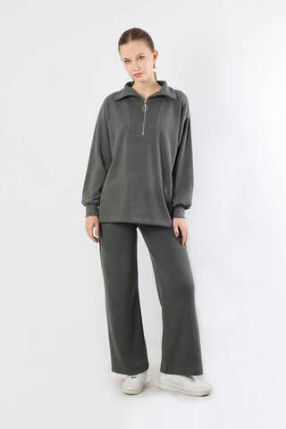 Yarım Fermuarlı Triko Takım Füme - 3