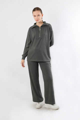 Yarım Fermuarlı Triko Takım Füme - 5