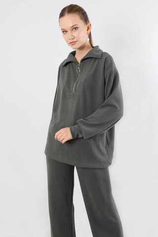 Yarım Fermuarlı Triko Takım Füme - 2