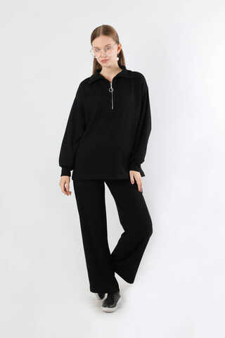 Yarım Fermuarlı Triko Takım Siyah - 1