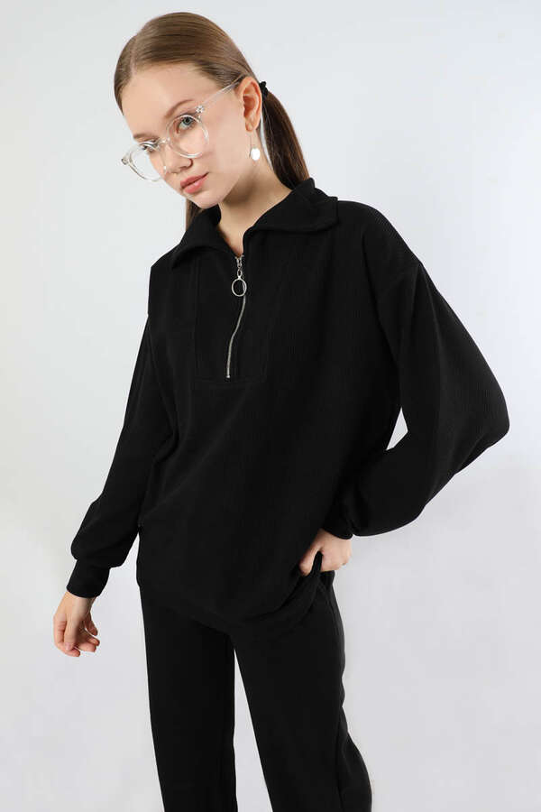 Yarım Fermuarlı Triko Takım Siyah - 5