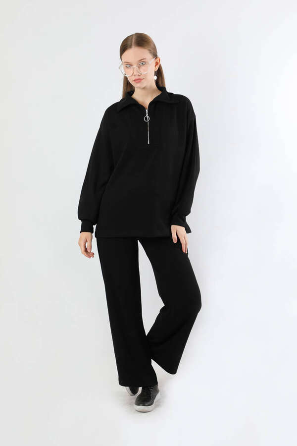 Yarım Fermuarlı Triko Takım Siyah - 1