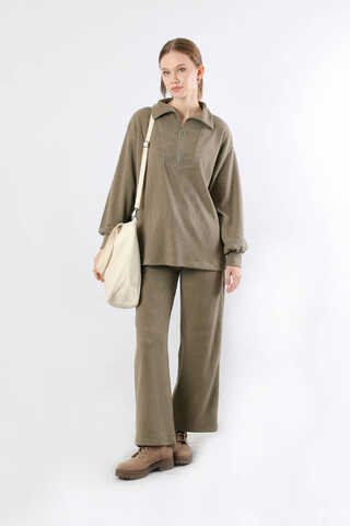 Yarım Fermuarlı Triko Takım Toprak - 1