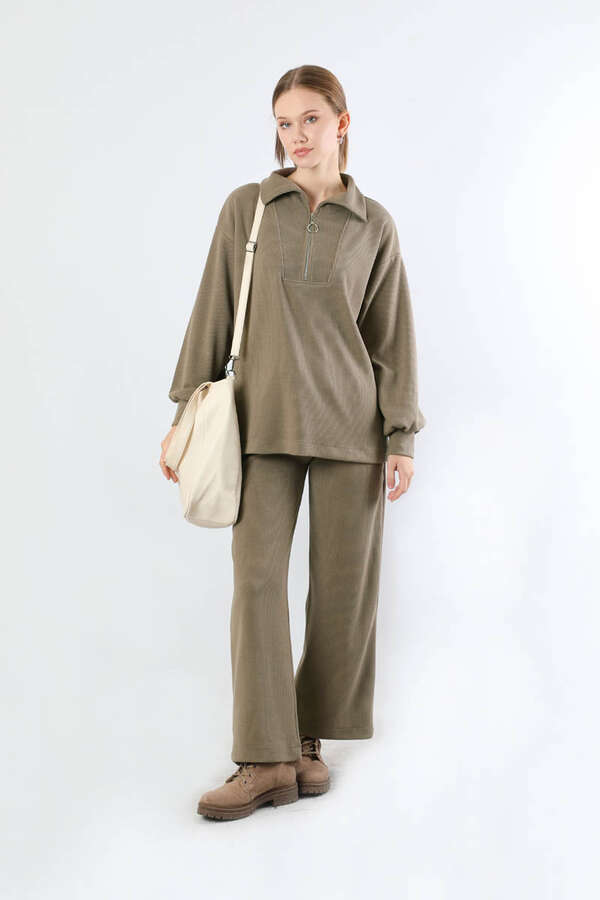 Yarım Fermuarlı Triko Takım Toprak - 1