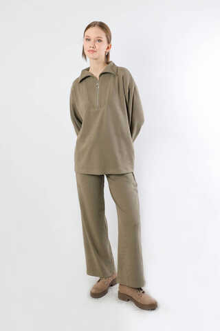 Yarım Fermuarlı Triko Takım Toprak - 3
