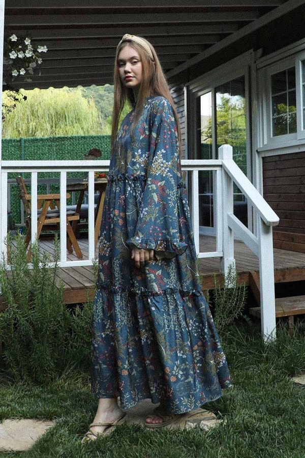 Yaz Çiçeği Elbise Petrol 