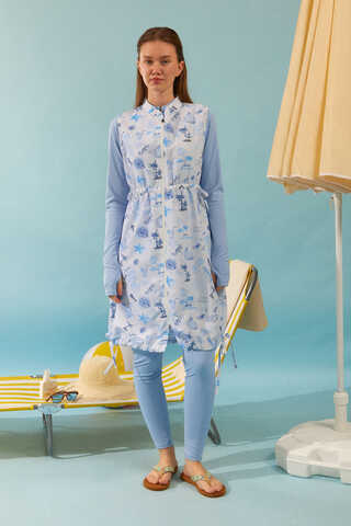 Yaz Figür Desenli Mayo Yeleği Mavi - 3