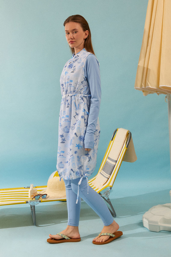 Yaz Figür Desenli Mayo Yeleği Mavi - 4