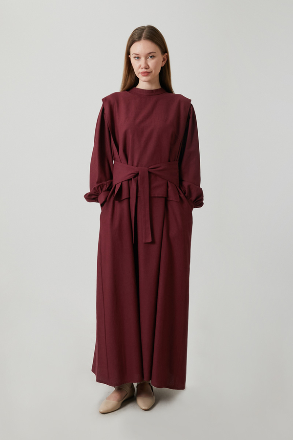 Yeleği Bağlamalı Elbise Takım Bordo - 2