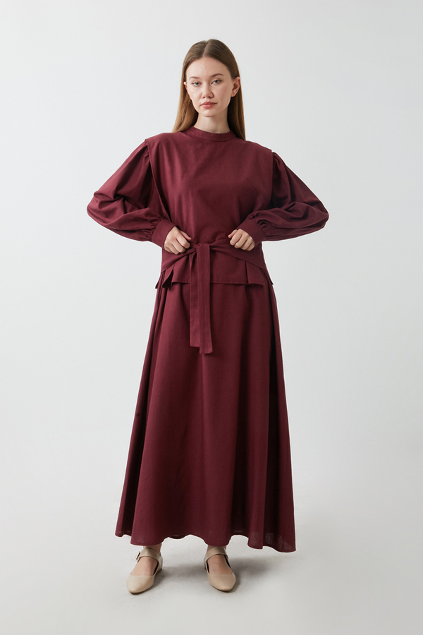 Yeleği Bağlamalı Elbise Takım Bordo - 9