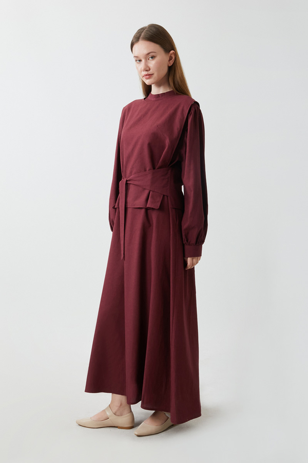 Yeleği Bağlamalı Elbise Takım Bordo - 10