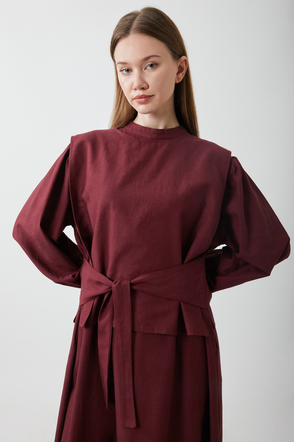 Yeleği Bağlamalı Elbise Takım Bordo - 7