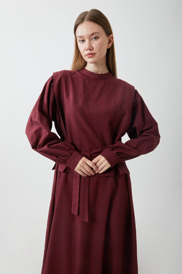 Yeleği Bağlamalı Elbise Takım Bordo - 6