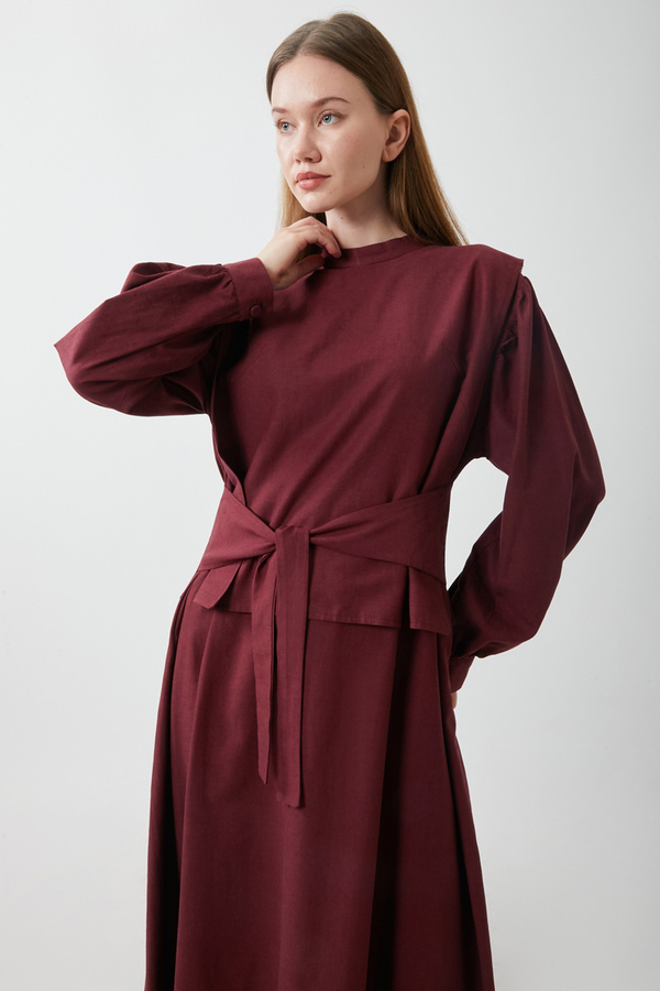 Yeleği Bağlamalı Elbise Takım Bordo - 14