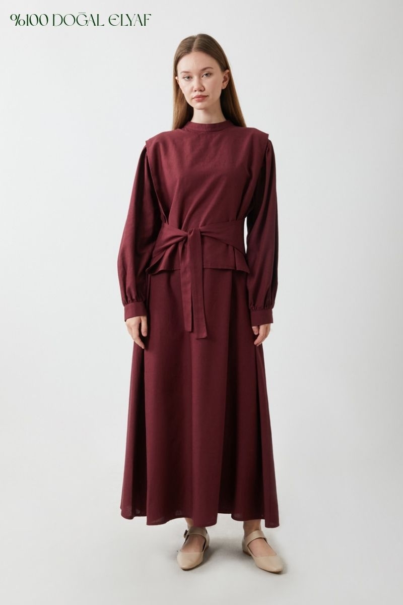 Yeleği Bağlamalı Elbise Takım Bordo