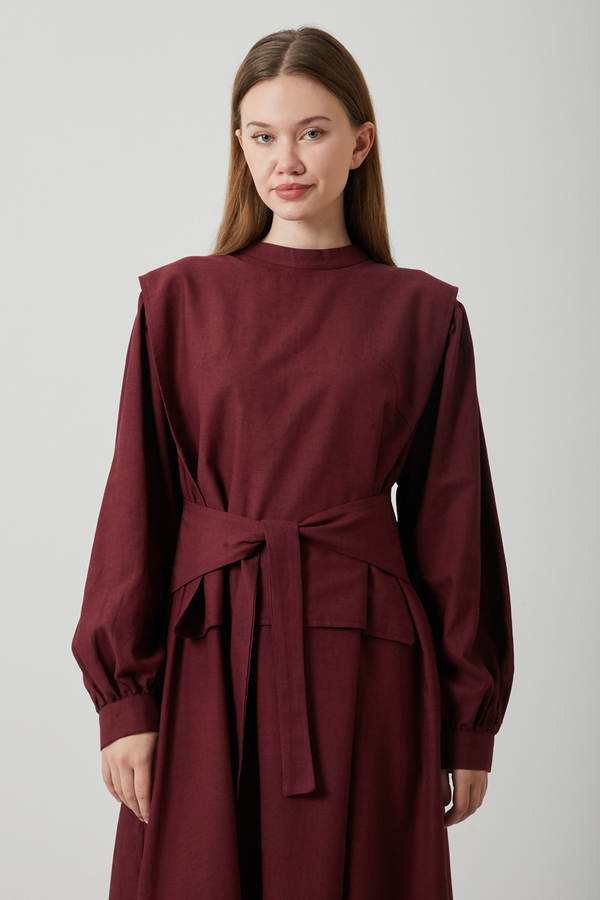 Yeleği Bağlamalı Elbise Takım Bordo - 4