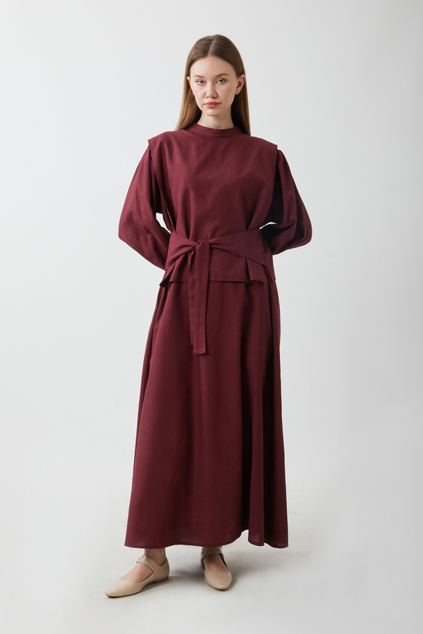 Yeleği Bağlamalı Elbise Takım Bordo - 8