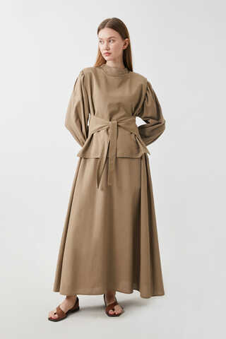 Yeleği Bağlamalı Elbise Takım Camel - 8