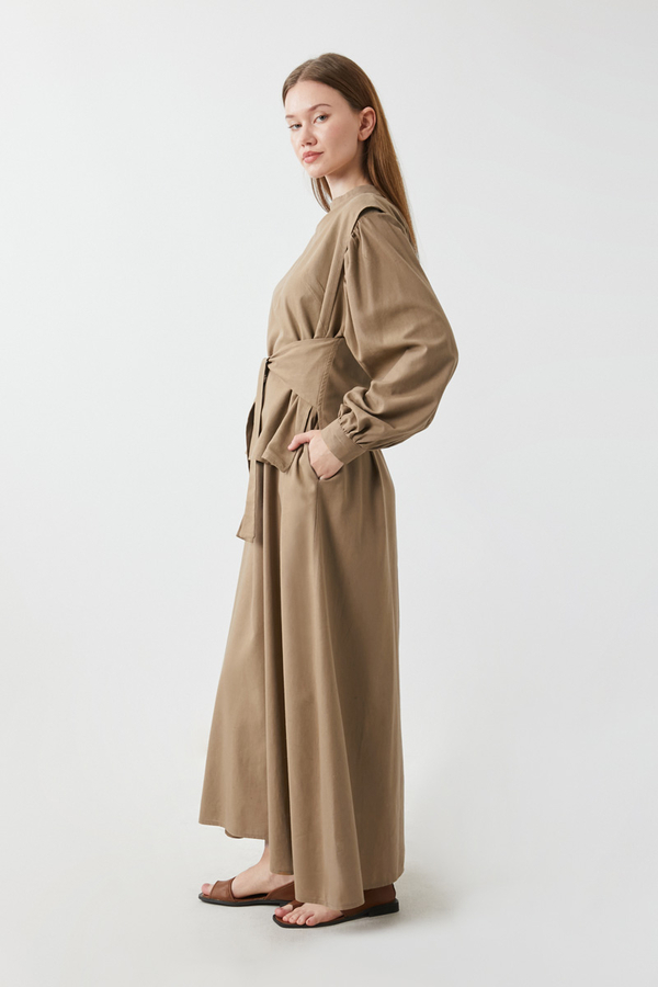 Yeleği Bağlamalı Elbise Takım Camel - 15