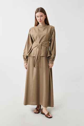 Yeleği Bağlamalı Elbise Takım Camel - 2