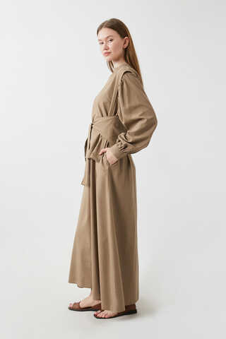 Yeleği Bağlamalı Elbise Takım Camel - 15