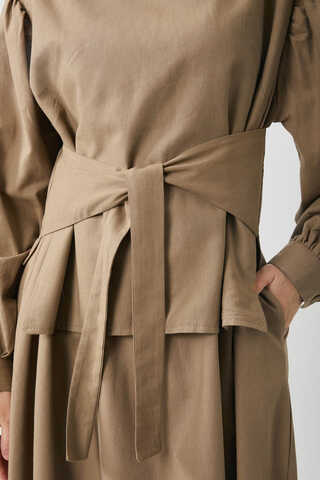 Yeleği Bağlamalı Elbise Takım Camel - 7