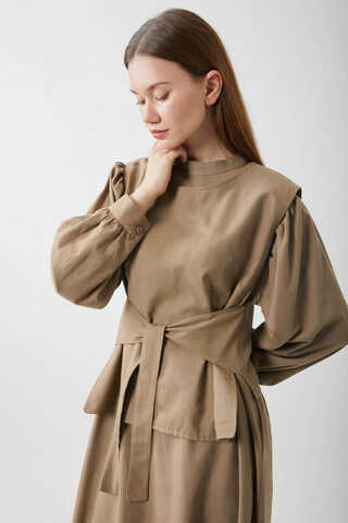 Yeleği Bağlamalı Elbise Takım Camel - 4